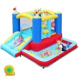 LEADZM Buntes Hüpfburg mit Gebläse, Hüpfburg Kinder mit Pool, Rutsche, Trampolin, Zielscheibe, Basketballkorb, Outdoor/Indoor, für 3 Kinder 3-10 Jahren, 275x255x188cm
