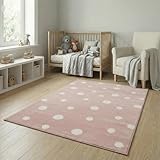 Jimri Kinderteppich DOTS l Pünktchen Gepunktet l Öko-Tex Siegel | Farbe: Beige Blau Rosa | Kinderzimmer/Jugendzimmer