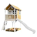 AXI Spielhaus Sarah mit Sandkasten & weißer Rutsche | Stelzenhaus in Braun & Weiß aus FSC Holz für Kinder | Spielturm mit Wellenrutsche für den Garten