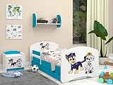 Happy Babies Kinderbett - mit Rausfallschutz Junge 140x70 Bett für Kinderzimmer mit Schublade & Matratze Einzelbett für Kinder Weiß/Blau HundemotivBlau