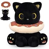 MUFEIRUO Schwarze Katze Plüschtier mit Donut-Halskragen,Katze Plüsch Stofftier Kuscheltier,Geschenk zum Geburtstag,Halloween,Weihnachten