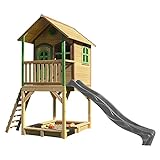 AXI Spielhaus Sarah mit Sandkasten & Grauer Rutsche | Stelzenhaus in Braun & Grün aus FSC Holz für Kinder | Spielturm mit Wellenrutsche für den Garten