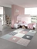 CARPETIA Kinderteppich Spielteppich Babyteppich Mädchen mit Herz Stern rosa Creme grau Größe 80x150 cm