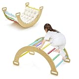 DREAMADE 2 in 1 Kletterbogen mit Kissen, Bogenwippe aus Holz, Holzwippe zum Klettern, Klettergerüst Indoor Kletterdreieck für Kinder ab 3 Jahren (Bunt)
