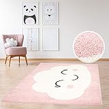 MyShop24h Kinderteppich Teppich Flachflor 140x200cm Pastell Pink Spielzimmerteppich mit fröhlicher Wolke für das Kinderzimmer (Mädchen & Jungen)