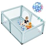 COSTWAY 120 x 190cm Baby Laufstall mit 50 Spielbällen, Laufgitter mit atmungsaktivem Netz und Reißverschluss, Krabbelgitter 2 Türen, Laufgitterzelt für Säuglinge und Kleinkinder (Blau)