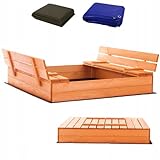 Sandkasten 120x120 Imprägniert Premium Sandbox mit Abdeckung Sitzbänken Deckel Plane Sandkiste Holz Kiefer Sandkastenvlies