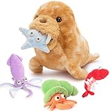 MorisMos riesen Plüsch Walroß Kuscheltier XXL mit 4 Meerestiere (Seestern Languste Krabbe Krake), 45cm lang braun Walross Stofftier Plüschtier als Geschenk Walrus Teddy