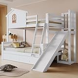 Laxnb Kinderbett Bett 90x200 & 120x200 cm Etagenbett 2 Kinder, Hochbett mit Leiter und Rutsche, Hausbett mit Stauraum 2 Schubladen, Holzbett Kinderbett mit Rausfallschutz, Ohne Matratze, Weiß