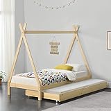 [en.casa] Kinderbett Cree mit Ausziehbett 90x200cm Tipi Indianer Bett Kojenbett Gästebett Hausbett Kinder Haus Natur Holz