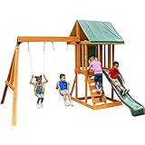 KidKraft F24148E Spielturm Appleton aus Holz für Kinder mit Rutsche, Schaukel, Kletterwand und Sandkasten, für den Garten, Grün