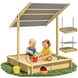 Spielwerk® Sandkasten Samu Sonnendach 120x120cm naturbelassenes Holz Füllstand Skala UV 50 Kantenschutz Bodenvlies Sandspielzeug Kinder Sandbox Sandkiste