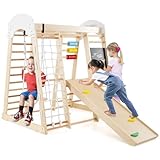 DREAMADE 7 in 1 Kletterspielzeug Set mit Schaukel Leiter Kletternetz Tafel Abakus, Spielturm Spielplatz, Indoor Klettergerüst aus Holz zum Klettern, für Kinder ab 3 Jahren (Natur)
