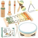 KUOFANY Musikinstrumente für Kinder ab 3 Jahren, Holzspielzeug mit Xylophon, Triangel, Maracas, Tamburin, Klanghölzern und Klarinette, Grau, Kleinkindgerecht
