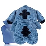 Fluffy Wärmflasche, Sti-tch Wärmflasche, Wärmf-lasche Kuscheltier, Cartoon Heißwasserflasche für Kinder, Hot Water Bag, Herausnehmbarer Innenbehälter, Handwärmer für Kinder & Erwachsene (Blau)