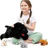 MorisMos 53cm lang schwarz Labrador Kuscheltier XXL mit 4 welpen im Bauch, weich plüschhund Hund stofftier Spielzeug, dogteddy Geburtstag Weihnachten Geschenk Kinder