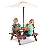 COSTWAY Kindersitzgruppe mit Sonnenschirm, Kindersitzgarnitur aus Tannenholz, Kinder Picknicktisch, Sitzgruppe Outdoor, Sitzgarnitur, Gartenmöbel für draußen