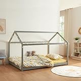[en.casa] Kinderbett Cerro Hausbett Jugendbett Bett in Haus-Optik Montessori Bett aus massiver Kiefer Bettgestell mit Lattenrost Grau 120x200cm