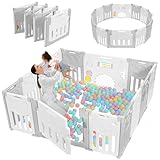 Dripex Laufstall Baby faltbar 150x150x62cm (14 Paneele) mit Spielboard, Laufgitter Baby, Kinderlaufstall & Babyzaun aus strapazierfähigem Plastik, Playpen für Innen & Außen, Grau