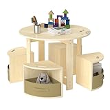 Puecrof Kindertisch mit 3 Hockern & Stauraum – Runde Sitzgruppe aus Holz für Kinderzimmer, Spiel & Basteln – Platzsparendes Design in Naturweiß