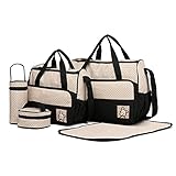 Miss Lulu 5er-Set Baby Wickeltasche Babytasche Tasche Mutter Windeltasche Handtasche Schultertasche Flaschenhalter mit wickelunterlage (Schwarz)