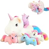 SQEQE Niedliche Einhorn Stofftiere mit 4 Baby Einhorn Plüschtiere in ihrem Bauch, Regenbogen Fliegendes Einhorn Plüschkissen Spielzeug mit Flügeln, Valentinstag Geburtstagsgeschenke für Jungen Mädchen