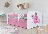 Bjird Kinderbett Jugendbett 70x140 80x160 80x180 Rosa mit Rausfallschutz Schublade und Lattenrost Kinderbetten für Mädchen - Prinzessin auf dem Pony 140 cm