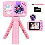 Kinderkamera, GuKKK Kinder Kamera 1080P HD Bildschirm, 2.4in Digitalkamera mit 32GB-Karte, Selfie Digitalkamera Kinder, Stativ, 180°Flip Objektiv, Mädchen Jungen für Geburtstagsgeschenk Weihnachten