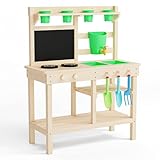 Outdoor Spielküche aus massivem Tannenholz – Mit Wasserhahn, doppelseitiger Tafel, Regal, Spülbecken und Kochfeld – Gartenspielzeug für Kinder ab 3 Jahren