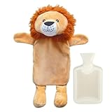 Wärmflasche mit Bezug 750ml,Wärmflaschen Tier Kinder,Süße Wärmflasche Löwe,Wärmeflasche Kuscheltier,Plüsch Wärmeflasche mit Kuschelig Weichem Bezug,Kindergeschenke,für Bauch Hand Fuß Körper Warmhalten