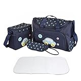 FakeFace Oxford Gewebe Cartoon 4er-Set Babytasche Wickeltasche Mutter Windeltasche Handtasche Schultertasche Flaschenhalter (Dunkelblau Wagen)