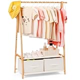 Relquorax Bambus Kinder Kleiderständer, mit 2 Aufbewahrungskiste und 2 Ablage, Kleiderstange & Ablage, Kinderzimmer, Kindergarderobe, für Baby Mädchen Jungs, Naturfarbe (Naturfarbe)