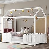 radelldar Hausbett 90x200 cm - vielseitiges Holz Kinderbett für Jungen & Mädchen - Mit Rausfallschutz und Lattenrost (Ohne Matratze) (Weiß)