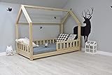 Best For Kids Kinderbett Hausbett Kinderhaus mit Rausfallschutz Jugendbett mit 10 cm Matratze Natur Haus Holz Bett (90x200 cm ohne Matratze)