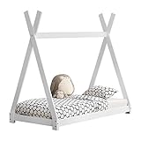 [en.casa] Kinderbett Onejda in Tipi-Design Bodenbett Jugendbett aus Kiefernholz Weiß 80 x 160 cm