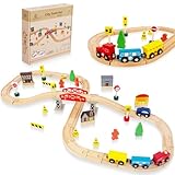 WOODENFUN 60 Stück Holzeisenbahn und Züge Pack Eisenbahn Anfängerset Kompatibel mit Thomas Passend für Eichhorn Zugset Kleinkinderspielzeug empfohlen ab 3 Jahren (61 Stück)