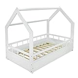 MS FACTORY Hausbett Kinderbett 80x160 cm mit Rausfallschutz und Lattenrost - Einzelbett aus Kiefernholz für Mädchen und Junge - Weiß