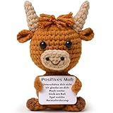 Gehäkelte Highland Cow Kuh – Mini Strickpuppe mit Positiver Energie Karte, Emotionaler Support Kuscheltier für Stressabbau, Niedliches Hochlandrind Geschenk für Frauen, Freunde, Studenten Weihnachten