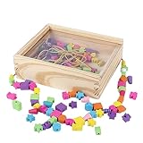 B&Julian® Perlen zum auffädeln für Kinder ab 3 Jahre Holz Fädelspiel Spielzeug Perlenset Bastelset 180 Holzperlen Schmuck zum basteln mit Bändern in Holzkiste mit Deckel Set