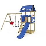 Wickey Spielturm DinkyHouse mit Schaukelanbau - Blaue Rutsche & Plane - Kinder Kletterturm für den Garten aus Massivholz - 303x317x247 cm