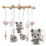 Minime Baby Mobile für Babybett Wickeltisch, Windspiel, Hängende Bettglocke, Babyzimmer, Teddy, Schildkröte, Bio-Baumwolle, Gehäkelt, Holz - Babyausstattung für Mädchen und Jungen (Rosa)