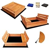 SunWood Sandkasten 100x100 cm Imprägniert Premium Sandbox mit Abdeckung Sitzbänken Deckel Plane Sandkiste Holz Kiefer Sandkastenvlies Amber-Imprägniert
