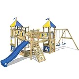 WICKEY Spielturm Ritterburg Smart Queen mit Schaukel, blau-gelber Plane & Blauer Rutsche, Outdoor Kinder Kletterturm mit Sandkasten, Leiter & Spiel-Zubehör für den Garten