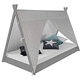 Homestyle4u 1967, Kinderbett 90x200 cm, Tipi Bett Grau Weiß, Tipi Zelt Mit Sterne, Holz Kiefer