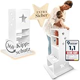 Kids Woody Star® Lernturm ab 1 Jahr [360° KIPPSCHUTZ] Höhenverstellbar Learning Tower Lernturm Montessori | Tritthocker Kinder | Schemel Lernstuhl Lerntower | Weiß