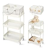 Fortella Wickeltisch Organizer Tragbar mit Rollwagen, für Baby Erstausstattung Neugeborene Wickeltasche und Newborn Baby Essentials, Auch als Servierwagen mit Rollen, Küchenregal Kleines Regal (Beige)