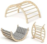 Bellabino Ruki 2in1 Kletterbogen und Wippe mit Kissen 'Weiße Sterne ', Klettergerüst Indoor, Kletterdreieck aus Buche massiv, Natur lackiert, Spielbogen Holz zusammenklappbar