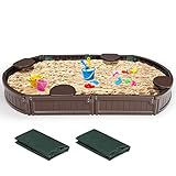 DREAMADE Sandkasten mit Abdeckung und Bodenplane, Sandbox mit Sitzecken, Sandkiste für Kinder für Garten Outdoor (Oval)