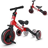 Besrey 3 in 1 Laufräder Laufrad Kinderdreirad Dreirad Lauffahrrad Lauflernhilfe für Kinder ab 1 Jahre bis 4 Jahren - Rot