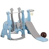 Kleinkinderrutsche und Schaukel, 4-in-1, Spielset mit Basketballkorb, extra Lange Rutsche, einfach aufstellbare Babyrutsche für drinnen und draußen, Hinterhof